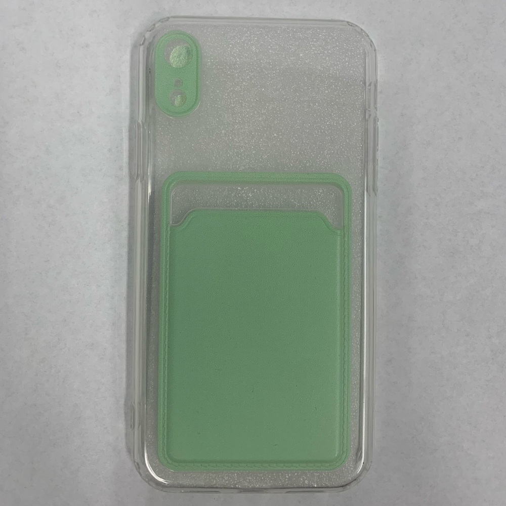 Clear & green phone case with card holder. iPhone XR